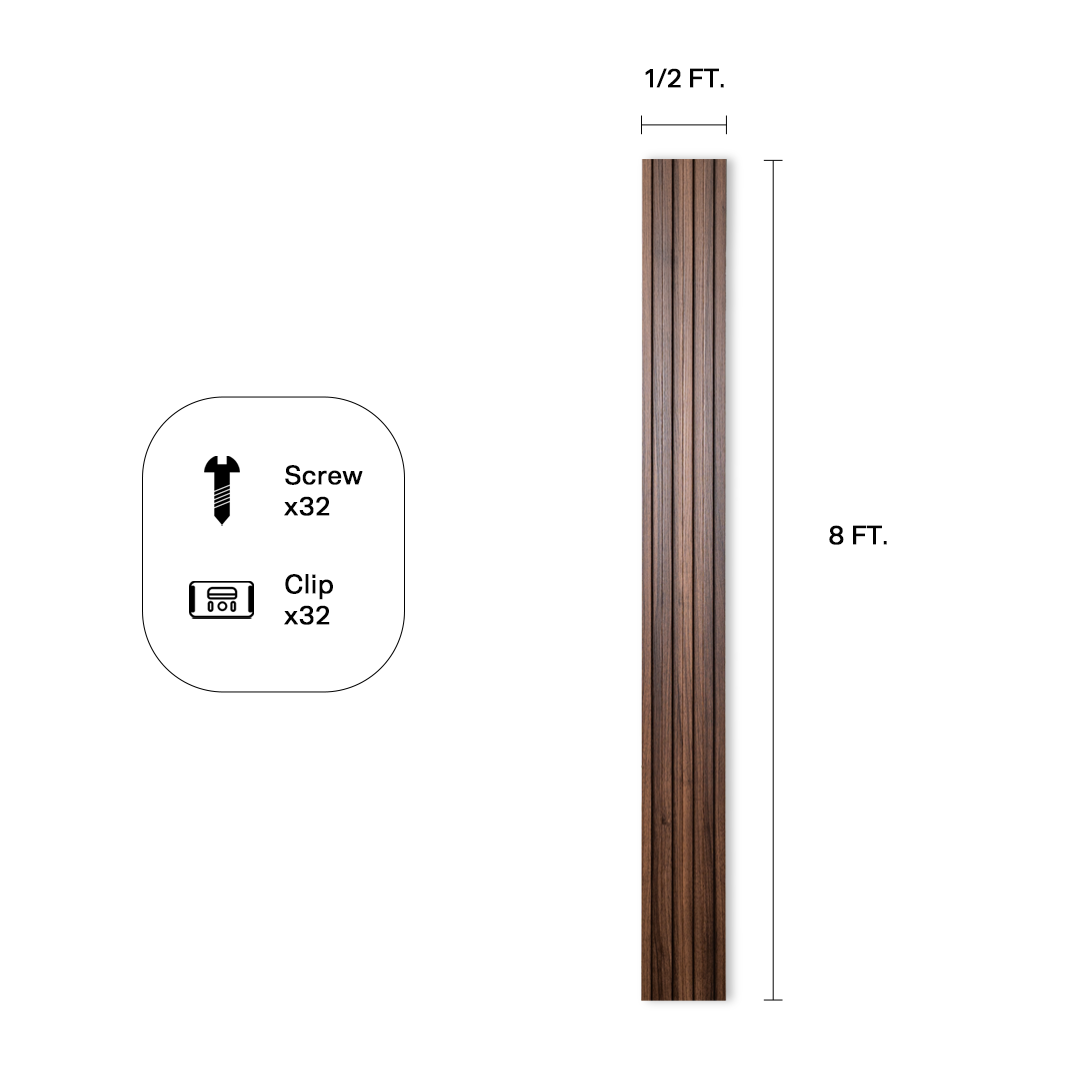 Fluted wall panel in Tree Bark (P26), panel dimensions and included hardware