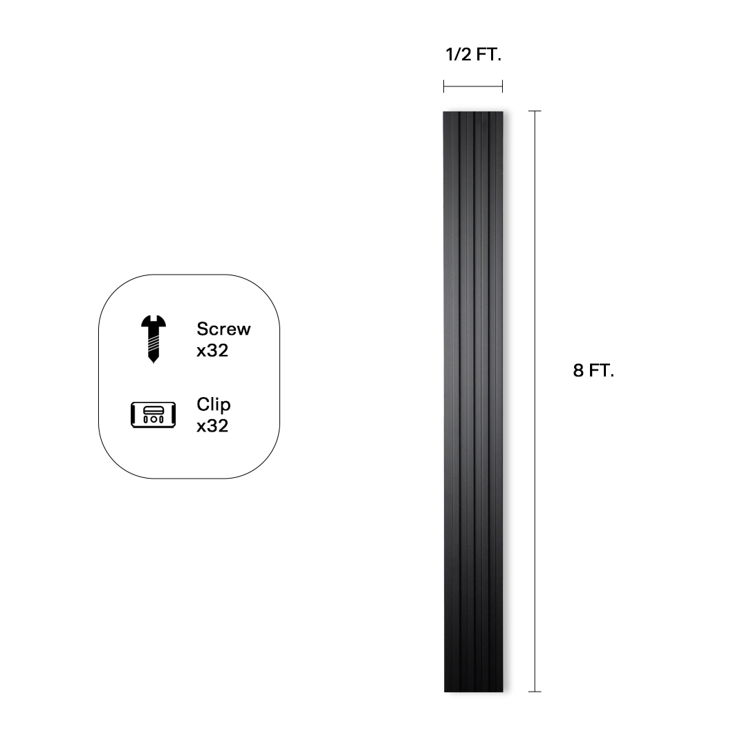 Fluted wall panel in Black (P62), panel dimensions and included hardware