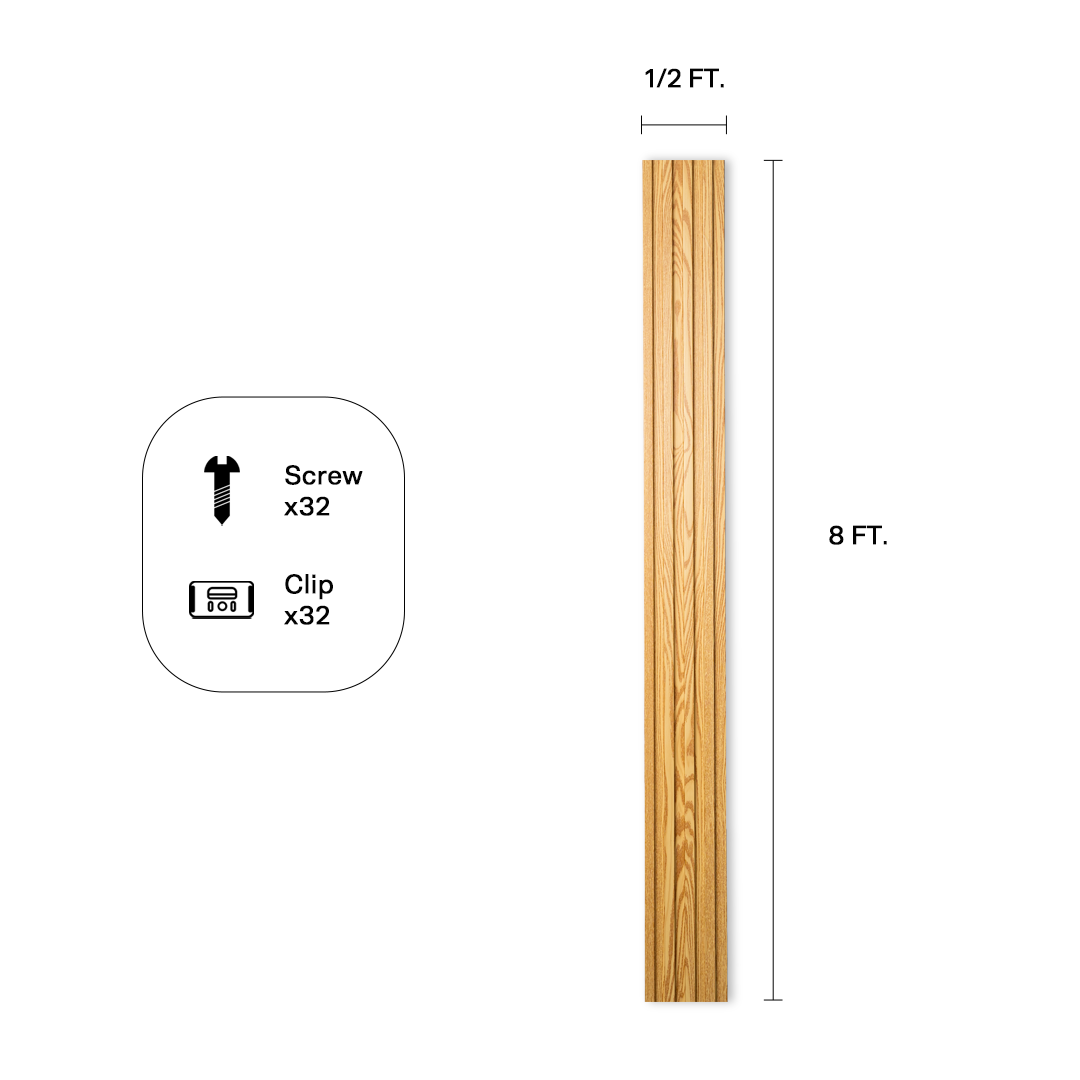Fluted wall panel in Oak (P72), panel dimensions and included hardware