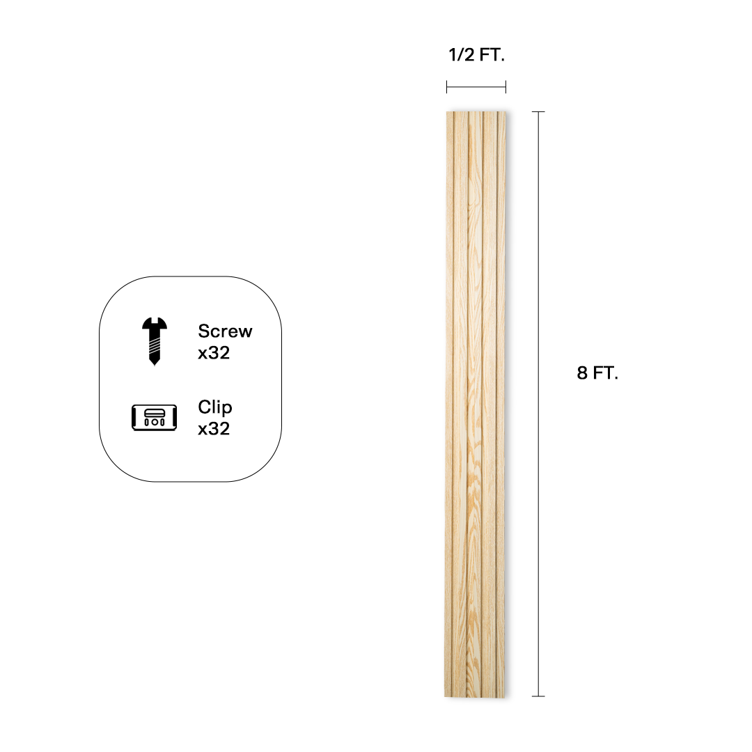 Fluted wall panel in Creamy Oak (P74), panel dimensions and included hardware