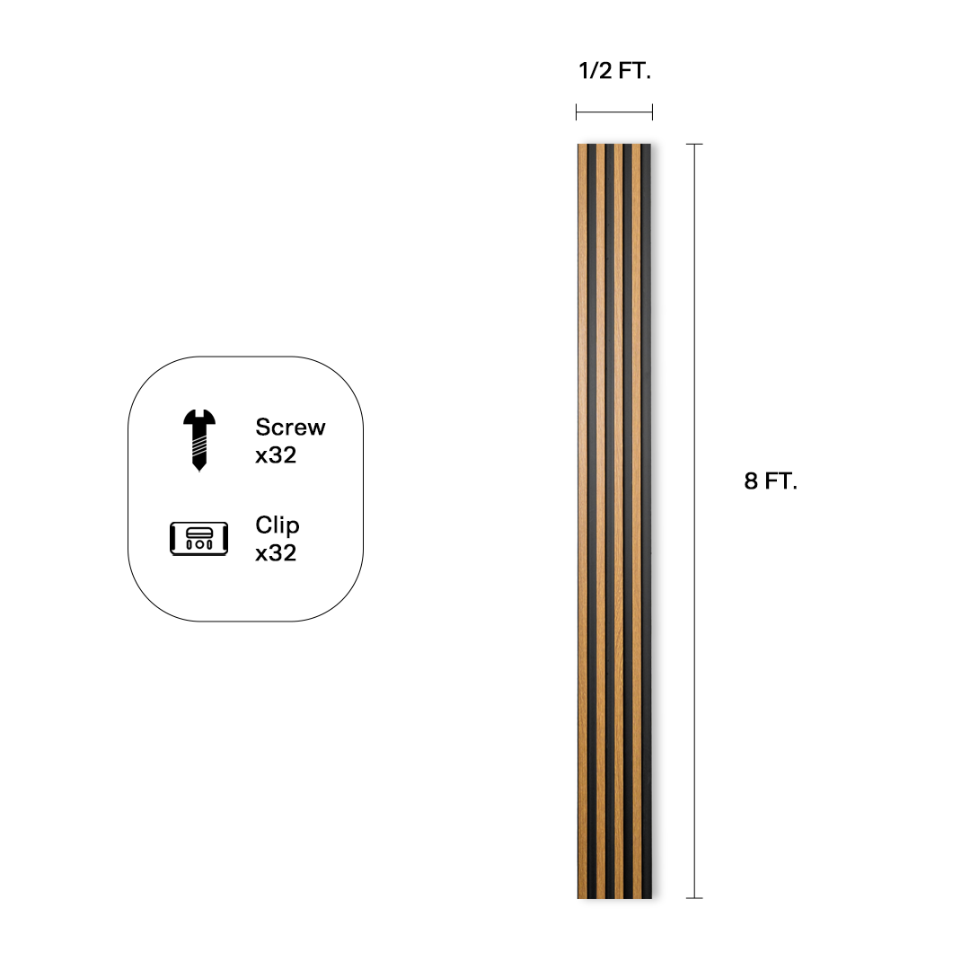 Fluted wall panel in Oak & Black (P85), panel dimensions and included hardware