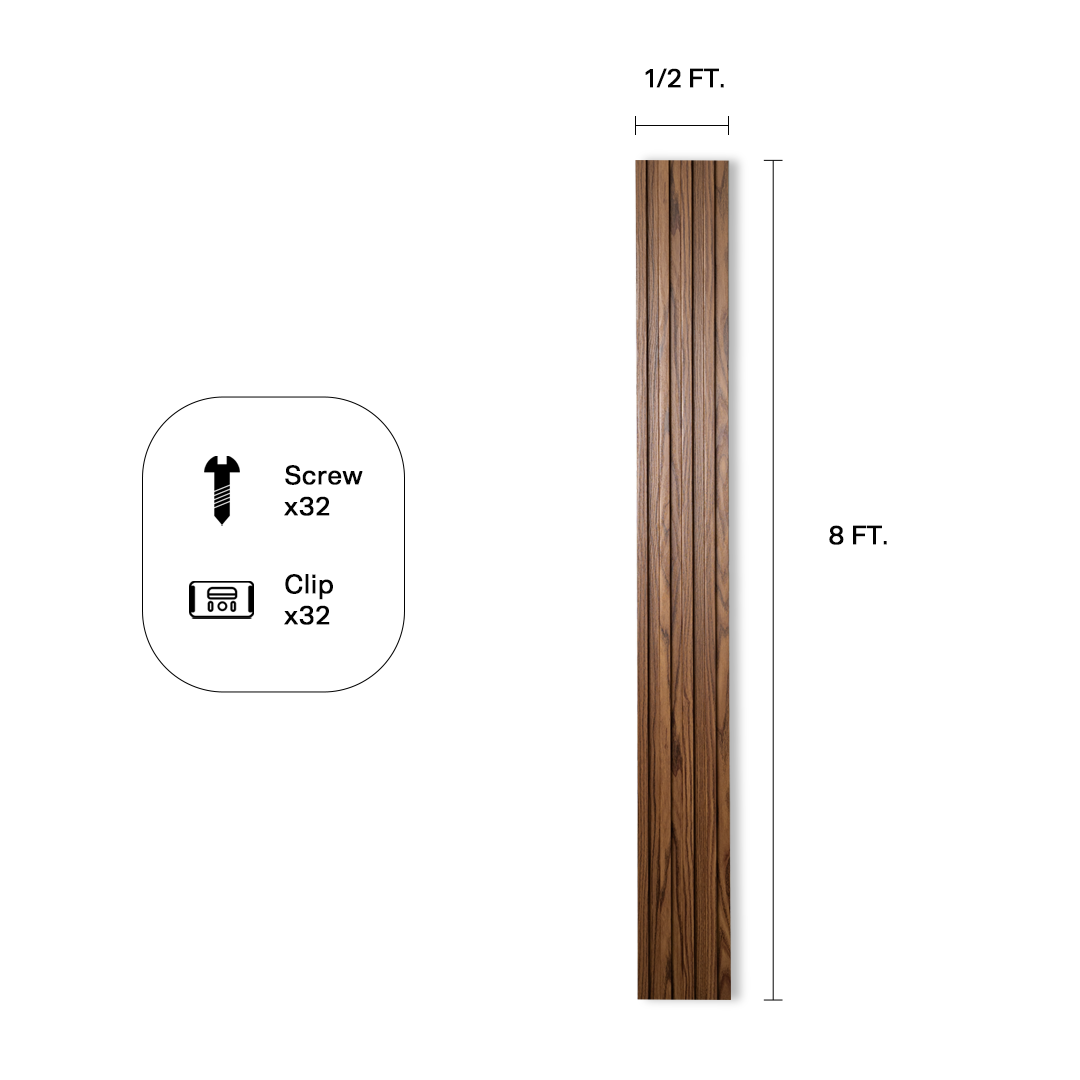 Fluted wall panel in Dark Oak (P90), panel dimensions and included hardware
