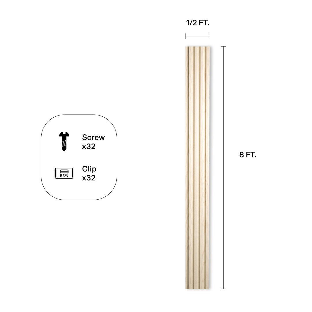 Fluted wall panel in White Oak (P94), panel dimensions and included hardware